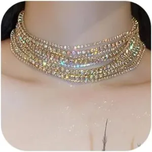 Boho Prom Big Shinny Caystals Rhinestones Choker Necklace Dainty Layered Sexy Choker Necklace for Women Dainty Choker Necklace Halloween Christmas Jewelry Gift for Women, Metal, crystals