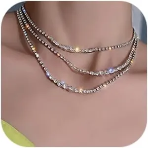 Boho Prom Silver Shinny Sexy Rhinestones Choker Necklace Dainty Layered Sexy Choker Necklace for Women Dainty Choker Necklace Halloween Christmas Jewelry Gift for Women (Silver 3)