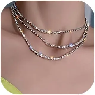 Boho Prom Silver Shinny Sexy Rhinestones Choker Necklace Dainty Layered Sexy Choker Necklace for Women Dainty Choker Necklace Halloween Christmas Jewelry Gift for Women (Silver 3)