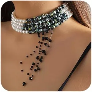 Boho Red Black Round Imitation Pearl Choker Necklace Multi Strands Vintage Red Pearls Crystal Halloween Long Black Choker Necklace for Women