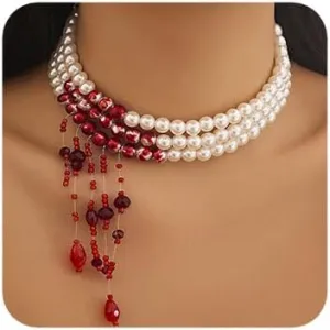 Boho Red Round Crystal Pearls Choker Necklace Multi Strands Vintage Red Halloween Crystal Choker Bridal Punk Crystal Y Long Choker Necklace for Women