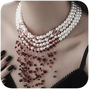 Boho Red Round Imitation Pearl Tassels Choker Necklace Multi Strands Vintage Red Pearls Crystal Halloween Long Black Choker Necklace for Women