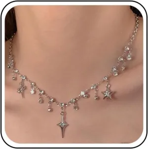 Boho Rhinestone Tassel Choker Necklace Silver Crystal Dangle Necklace Vintage Rhinestone Fringe Necklace Chain Shiny Cz Star Pendant Necklace Jewelry for Women