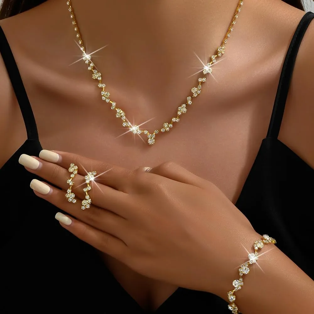 Boho Rose Gold Fashion Prom Shinny Black Rhinestones Choker Necklace Earrings Bracelet Set Dainty Layered Sexy Choker Necklace Gold Silver Black Halloween Christmas Necklace for Women