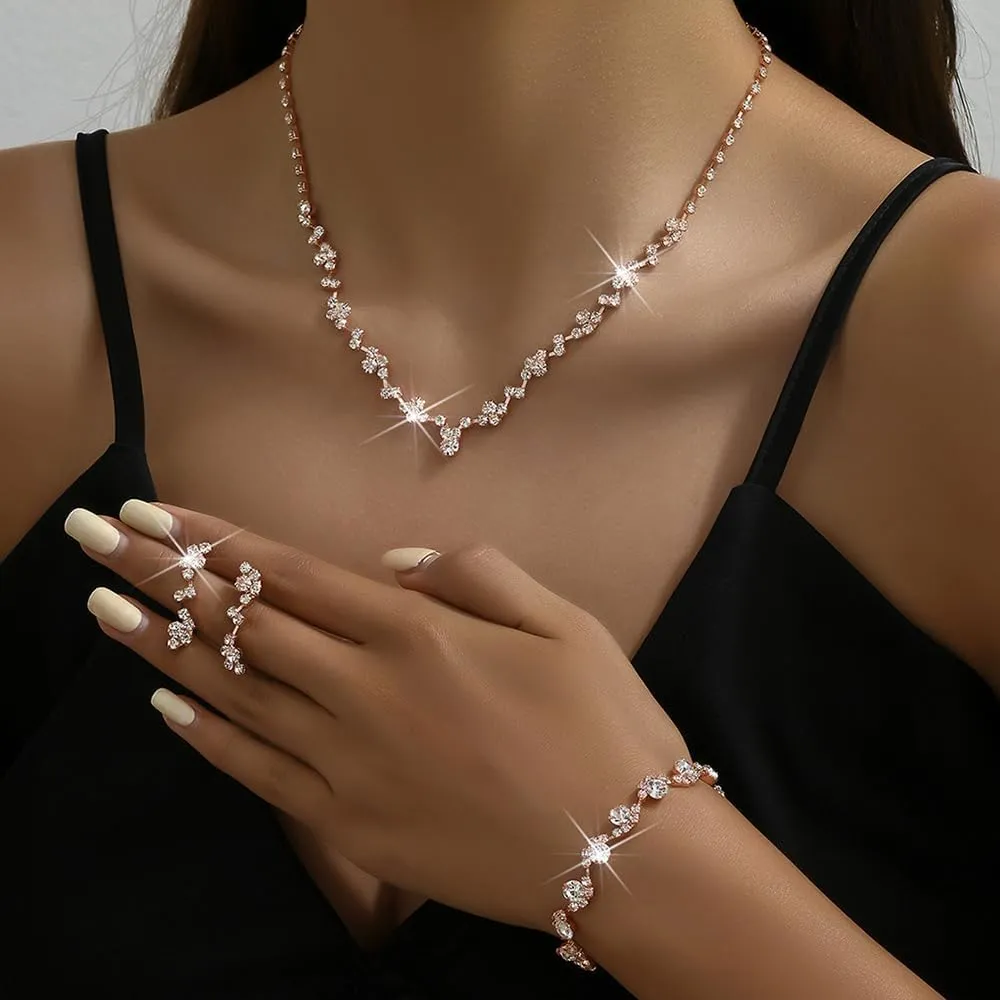 Boho Rose Gold Fashion Prom Shinny Black Rhinestones Choker Necklace Earrings Bracelet Set Dainty Layered Sexy Choker Necklace Gold Silver Black Halloween Christmas Necklace for Women