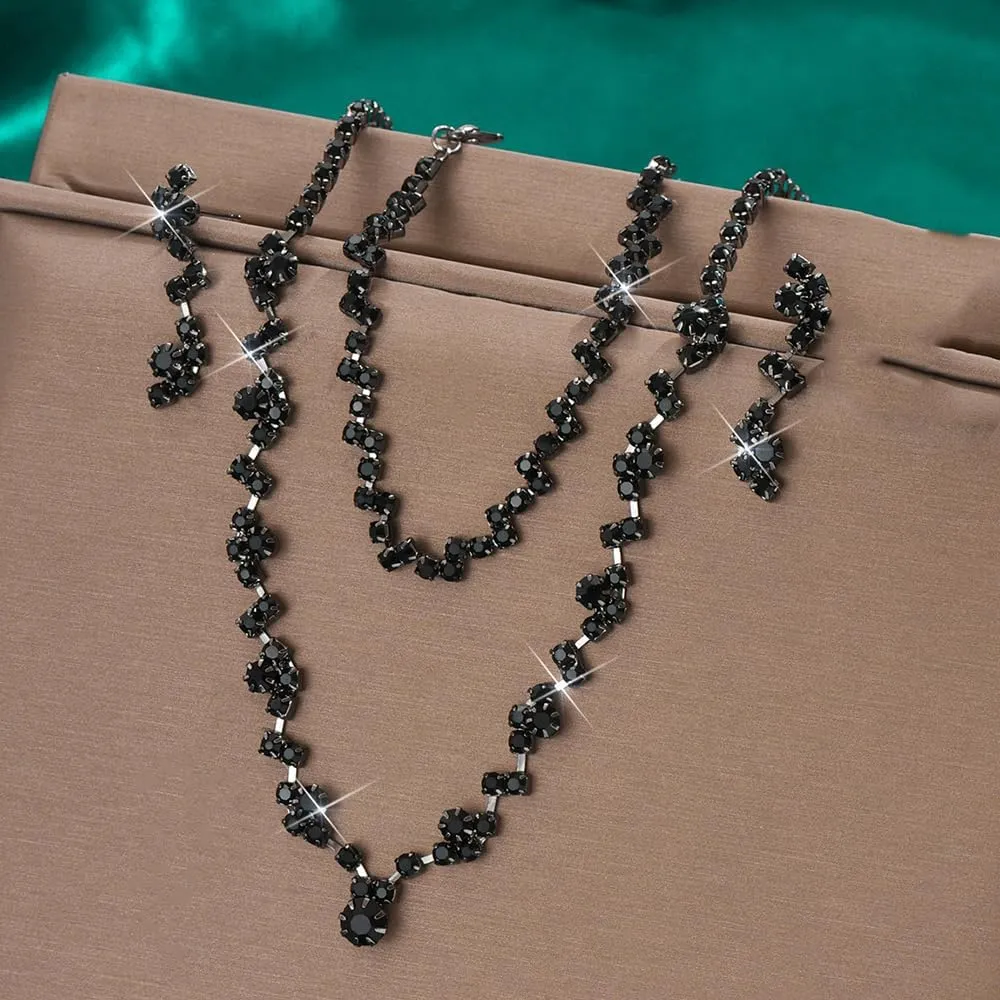 Boho Rose Gold Fashion Prom Shinny Black Rhinestones Choker Necklace Earrings Bracelet Set Dainty Layered Sexy Choker Necklace Gold Silver Black Halloween Christmas Necklace for Women