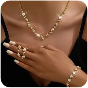 Boho Rose Gold Fashion Prom Shinny Black Rhinestones Choker Necklace Earrings Bracelet Set Dainty Layered Sexy Choker Necklace Gold Silver Black Halloween Christmas Necklace for Women