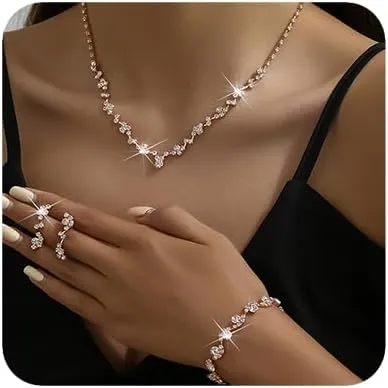 Boho Rose Gold Fashion Prom Shinny Black Rhinestones Choker Necklace Earrings Bracelet Set Dainty Layered Sexy Choker Necklace Gold Silver Black Halloween Christmas Necklace for Women