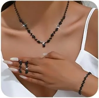 Boho Rose Gold Fashion Prom Shinny Black Rhinestones Choker Necklace Earrings Bracelet Set Dainty Layered Sexy Choker Necklace Gold Silver Black Halloween Christmas Necklace for Women