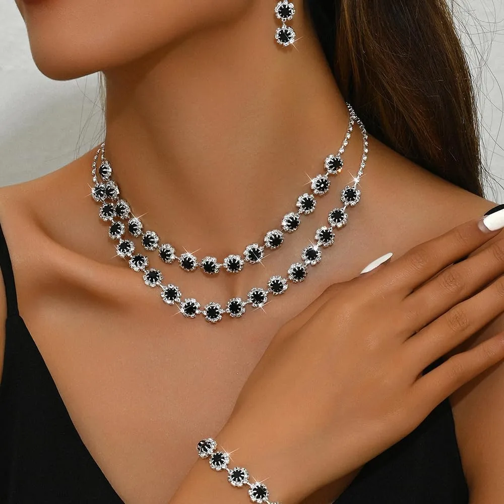 Boho Silver Fashion Prom Shinny Blue Rhinestones Choker Necklace Earrings Bracelet Set Dainty Layered Sexy Choker Necklace Black Halloween Red Christmas Necklace for Women