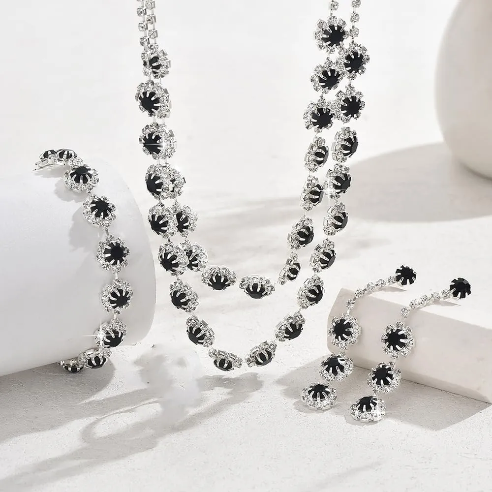 Boho Silver Fashion Prom Shinny Blue Rhinestones Choker Necklace Earrings Bracelet Set Dainty Layered Sexy Choker Necklace Black Halloween Red Christmas Necklace for Women