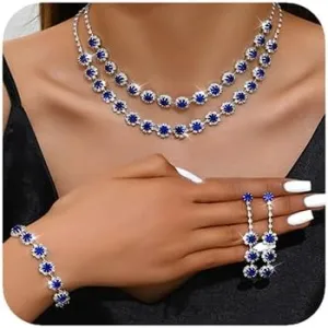 Boho Silver Fashion Prom Shinny Blue Rhinestones Choker Necklace Earrings Bracelet Set Dainty Layered Sexy Choker Necklace Black Halloween Red Christmas Necklace for Women