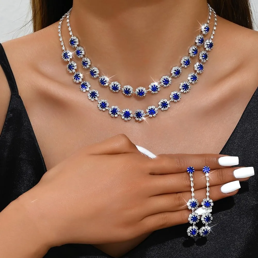 Boho Silver Fashion Prom Shinny Blue Rhinestones Choker Necklace Earrings Bracelet Set Dainty Layered Sexy Choker Necklace Black Halloween Red Christmas Necklace for Women