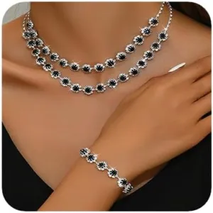 Boho Silver Fashion Prom Shinny Blue Rhinestones Choker Necklace Earrings Bracelet Set Dainty Layered Sexy Choker Necklace Black Halloween Red Christmas Necklace for Women