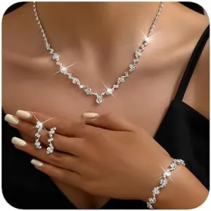 Boho Silver Fashion Prom Shinny Rhinestones Choker Necklace Earrings Bracelet Set Dainty Layered Sexy Choker Necklace Halloween Christmas Necklace for Women