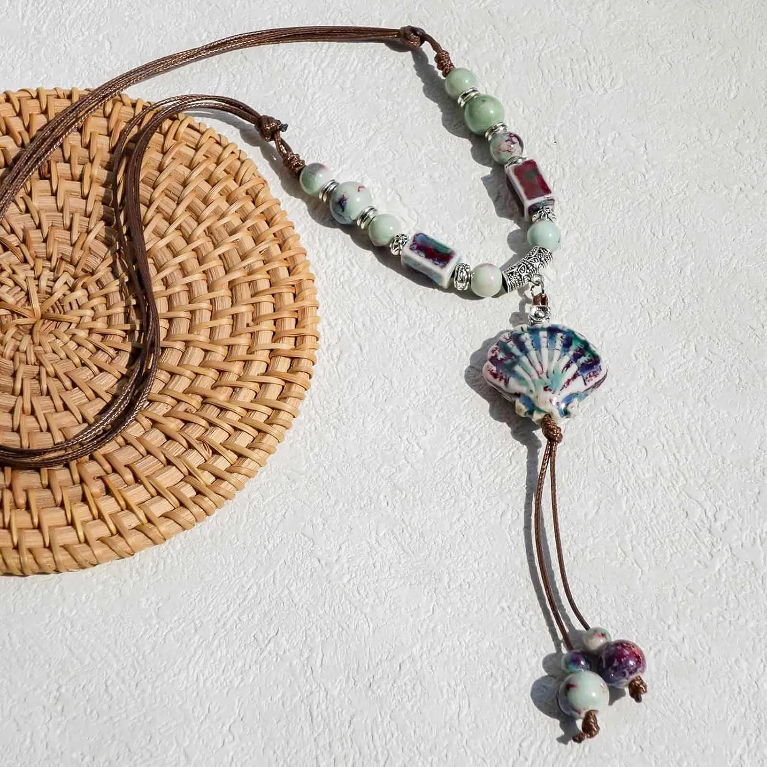 Boho Style Colorful Ceramic Bead Strand Necklace Adjustable Bohemian Jewelry Gift for Women, Fashion Clothing Matching Necklace