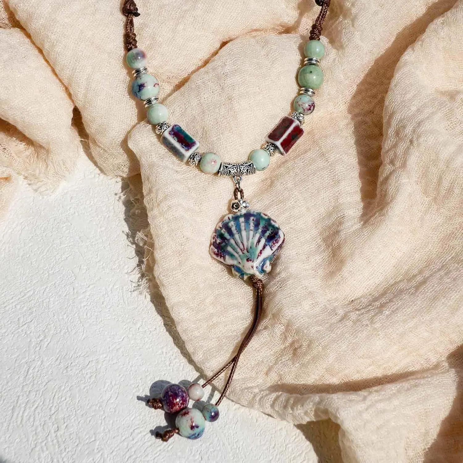 Boho Style Colorful Ceramic Bead Strand Necklace Adjustable Bohemian Jewelry Gift for Women, Fashion Clothing Matching Necklace