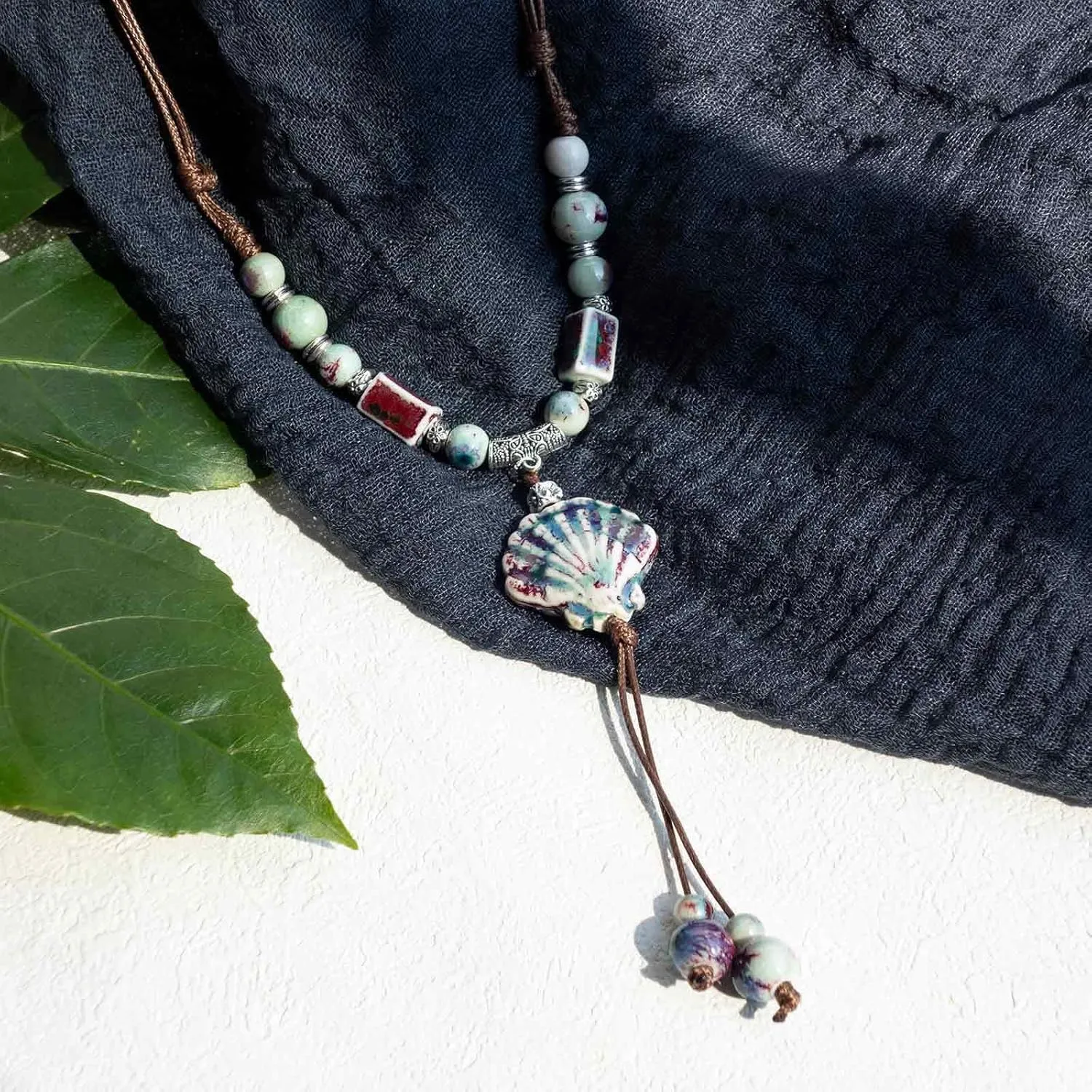 Boho Style Colorful Ceramic Bead Strand Necklace Adjustable Bohemian Jewelry Gift for Women, Fashion Clothing Matching Necklace