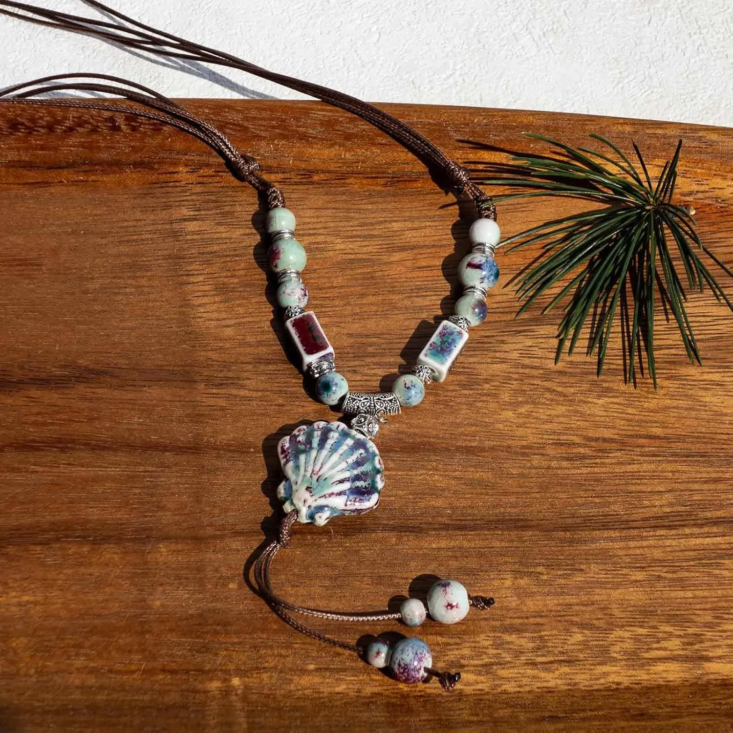 Boho Style Colorful Ceramic Bead Strand Necklace Adjustable Bohemian Jewelry Gift for Women, Fashion Clothing Matching Necklace