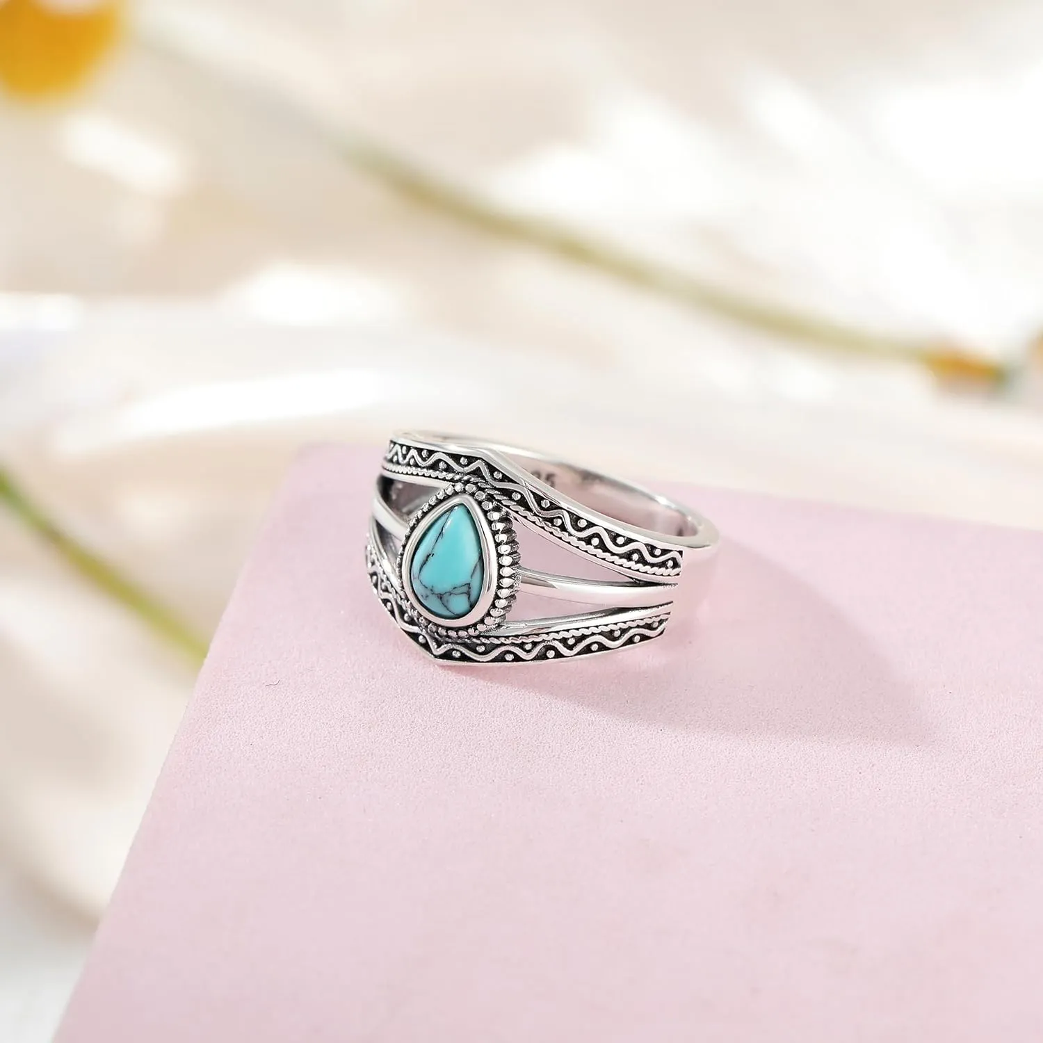 Boho Turquoise Ring for Women Sterling Silver Western Style Statement Ring Bohemian Jewelry Gifts