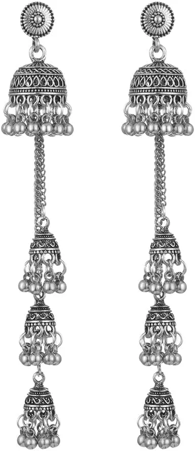 Boho Vintage Jhumka Jhumki Tassel Dangle Statement Earrings for Women Girls Oxidized Jewelry Long Drop Chandelier Earring Traditional Ethnic Gypsy Beads Bohemian Bollywood Indian Jewelry Gift