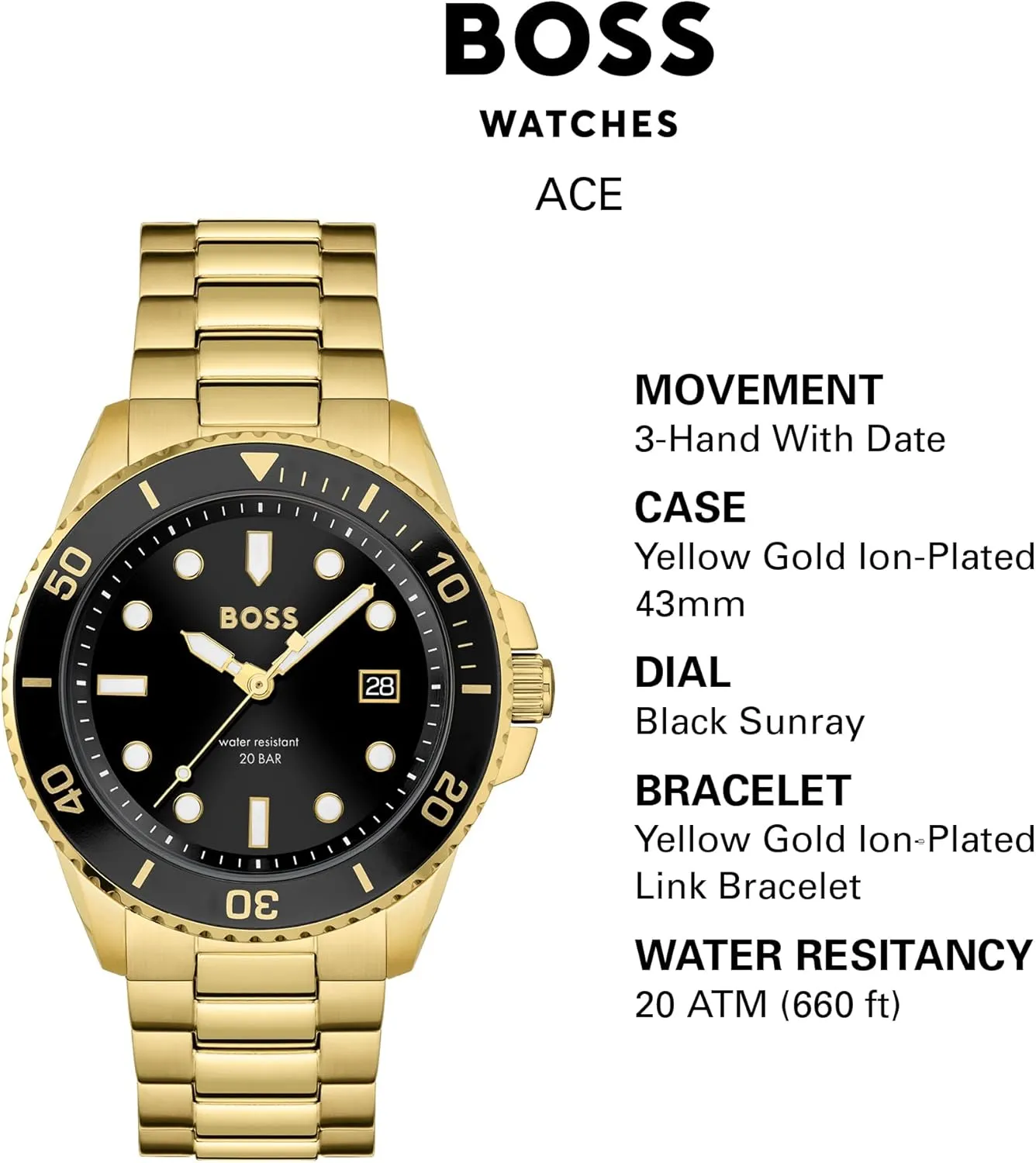 BOSS Men's ACE 43mm Quartz Diver's Watch | Water Resistant 20 ATM | Premium Timepiece for Sport Performance