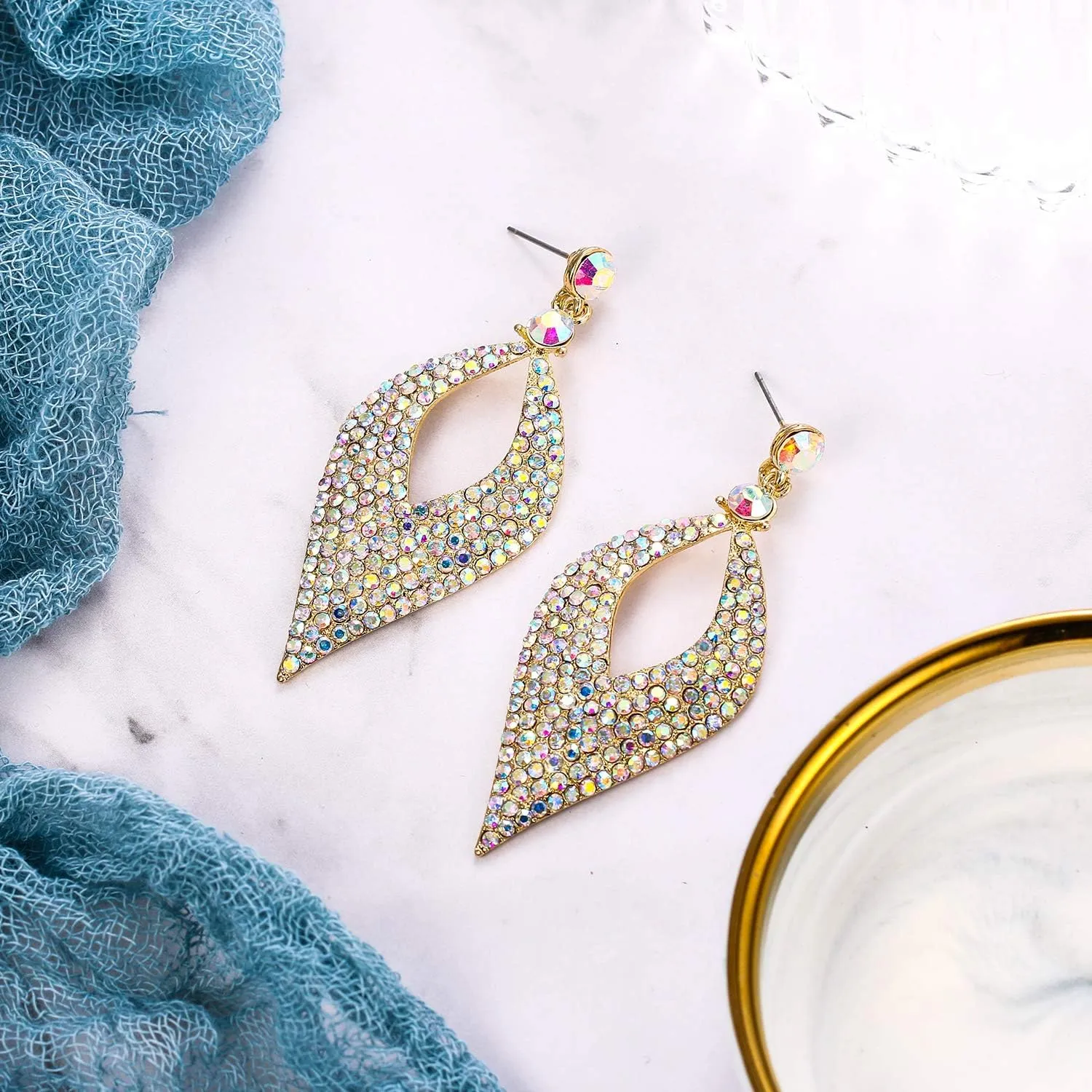 BriLove Women's Bohemian Boho Crystal Hollow Leaf Chandelier Dangle Earrings
