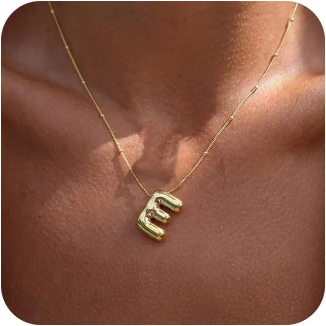 Bubble Gold Letter Necklace for Women, 14k Gold Plated Balloon Initial Letter Pendant Necklace Dainty Charm Initial Necklaces for Women Trendy Chunky Custom Name Necklace Gold Jewelry for Womens