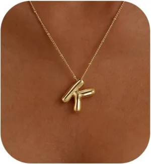 Bubble Gold Letter Necklace for Women, 14k Gold Plated Balloon Initial Letter Pendant Necklace Dainty Charm Initial Necklaces for Women Trendy Chunky Custom Name Necklace Gold Jewelry for Womens