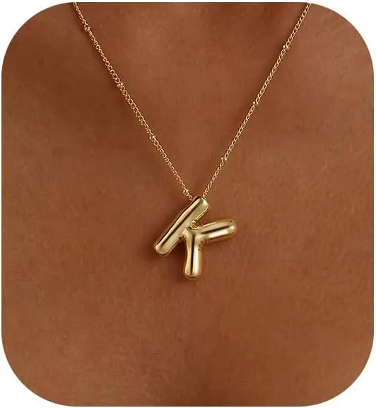 Bubble Gold Letter Necklace for Women, 14k Gold Plated Balloon Initial Letter Pendant Necklace Dainty Charm Initial Necklaces for Women Trendy Chunky Custom Name Necklace Gold Jewelry for Womens