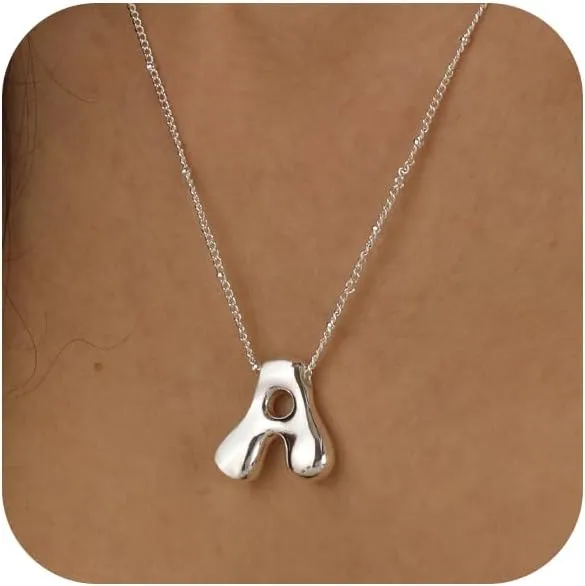 Bubble Gold Silver Letter Necklace for Women Dainty 14K Gold Plated Balloon Initial Necklaces for Women Trendy Cute Chunky Charm Monogram Pendant Name Necklace Fashion Jewelry Gifts for Teens