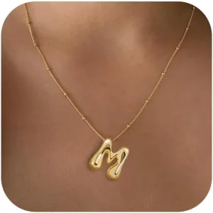 Bubble Gold Silver Letter Necklace for Women Dainty 14K Gold Plated Balloon Initial Necklaces for Women Trendy Cute Chunky Charm Monogram Pendant Name Necklace Fashion Jewelry Gifts for Teens