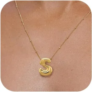 Bubble Gold Silver Letter Necklace for Women Dainty 14K Gold Plated Balloon Initial Necklaces for Women Trendy Cute Chunky Charm Monogram Pendant Name Necklace Fashion Jewelry Gifts for Teens