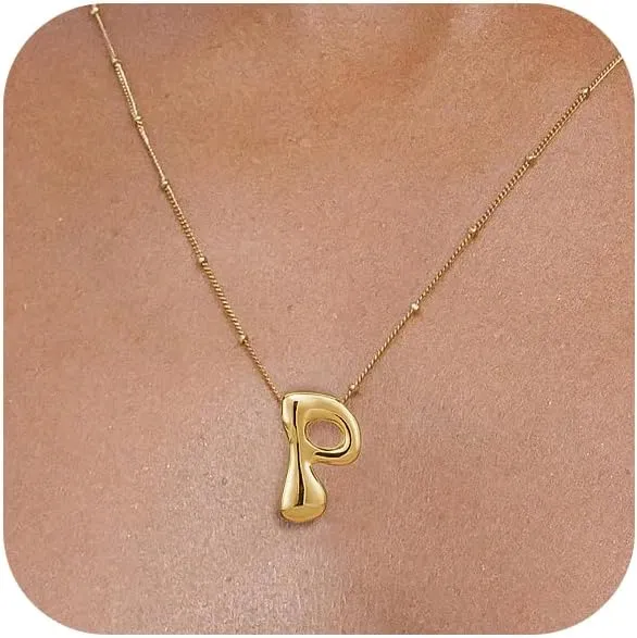 Bubble Gold Silver Letter Necklace for Women Dainty 14K Gold Plated Balloon Initial Necklaces for Women Trendy Cute Chunky Charm Monogram Pendant Name Necklace Fashion Jewelry Gifts for Teens