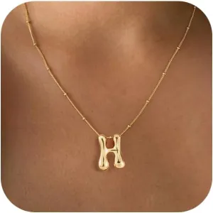 Bubble Gold Silver Letter Necklace for Women Dainty 14K Gold Plated Balloon Initial Necklaces for Women Trendy Cute Chunky Charm Monogram Pendant Name Necklace Fashion Jewelry Gifts for Teens
