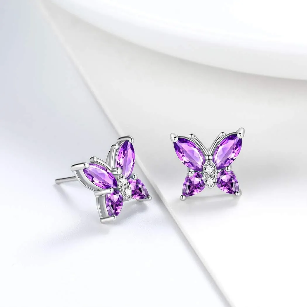Butterfly Birthstone Stud Earrings - Women 925 Sterling Silver Butterflies Birthstone Stud Earrings Birthday Gift for Women
