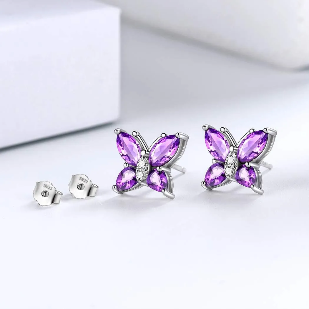 Butterfly Birthstone Stud Earrings - Women 925 Sterling Silver Butterflies Birthstone Stud Earrings Birthday Gift for Women