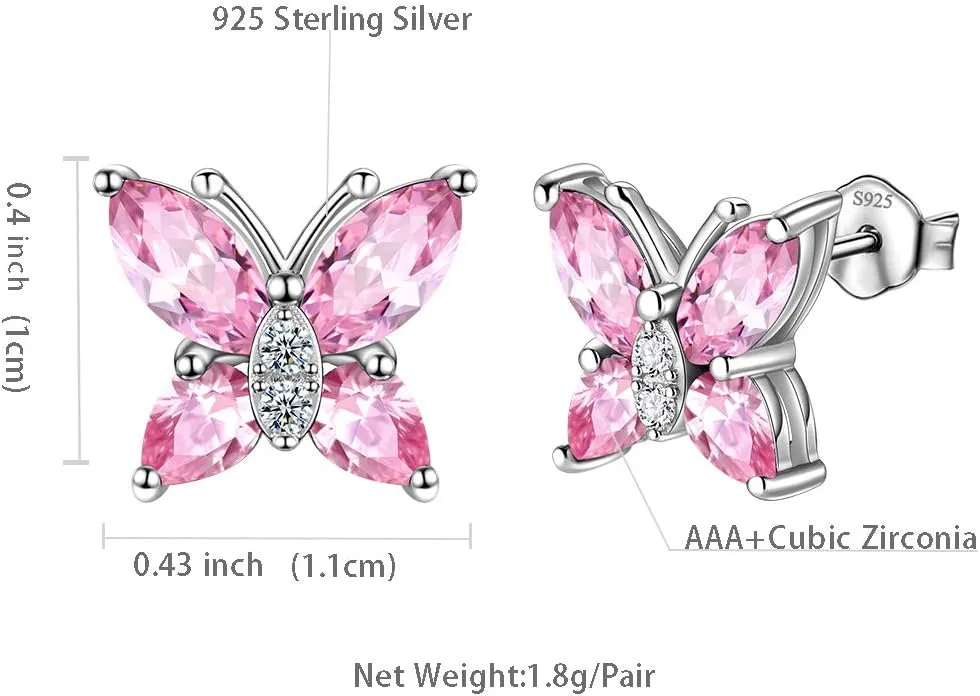 Butterfly Birthstone Stud Earrings - Women 925 Sterling Silver Butterflies Birthstone Stud Earrings Birthday Gift for Women