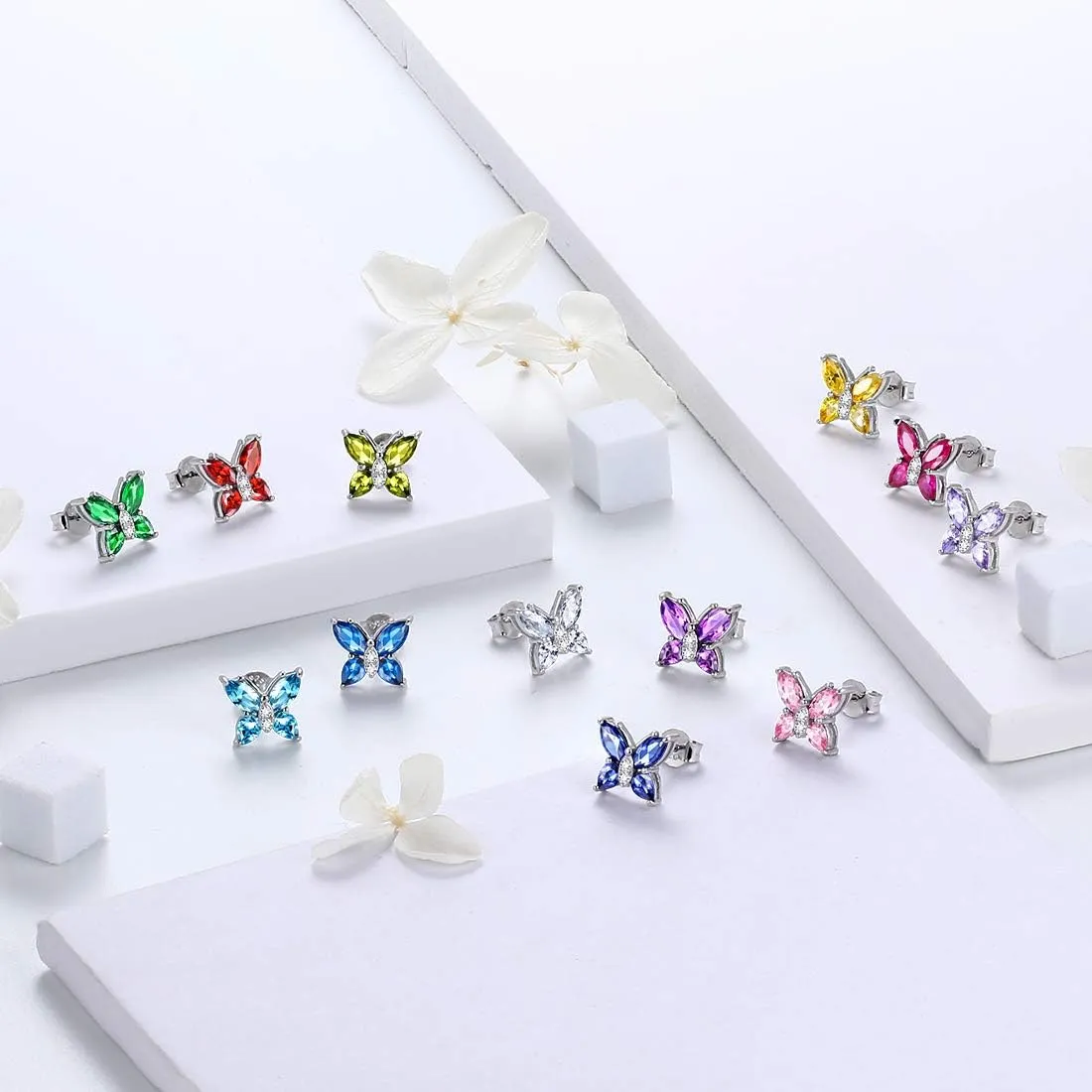 Butterfly Birthstone Stud Earrings - Women 925 Sterling Silver Butterflies Birthstone Stud Earrings Birthday Gift for Women