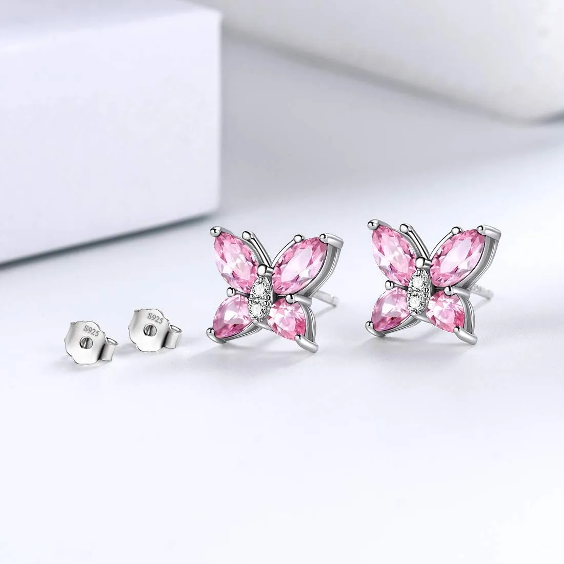 Butterfly Birthstone Stud Earrings - Women 925 Sterling Silver Butterflies Birthstone Stud Earrings Birthday Gift for Women