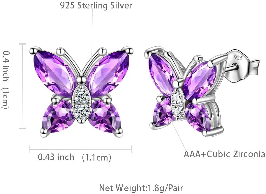 Butterfly Birthstone Stud Earrings - Women 925 Sterling Silver Butterflies Birthstone Stud Earrings Birthday Gift for Women