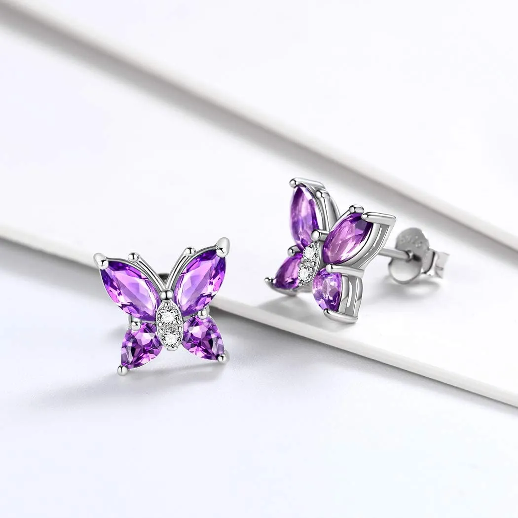 Butterfly Birthstone Stud Earrings - Women 925 Sterling Silver Butterflies Birthstone Stud Earrings Birthday Gift for Women