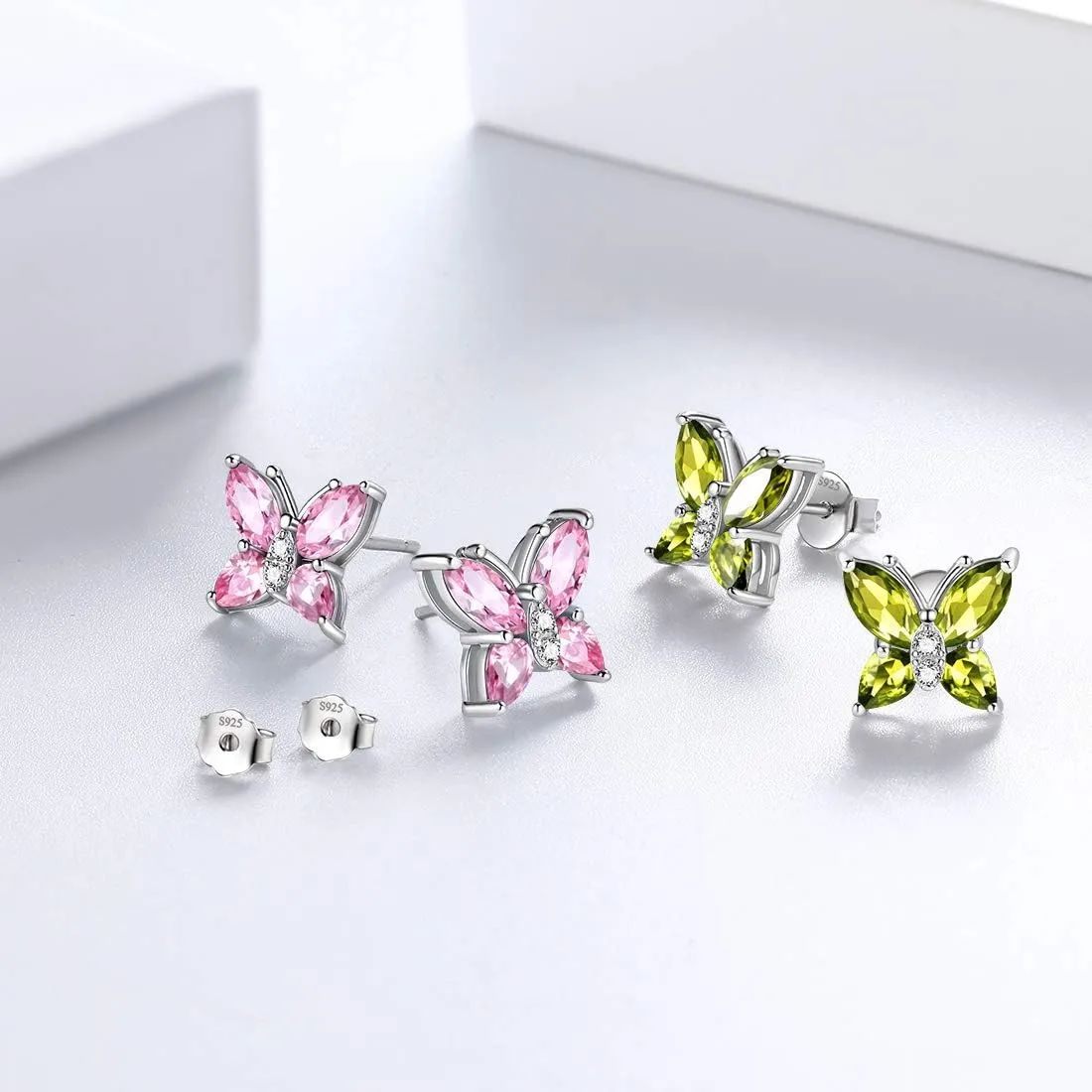 Butterfly Birthstone Stud Earrings - Women 925 Sterling Silver Butterflies Birthstone Stud Earrings Birthday Gift for Women