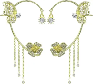 Butterfly Tassel Style Zircon Earrings, Butterfly Flowers Tassel Long Earring, Shiny Zircon No Piercing Butterfly Ear Cuffs Jewelry Gifts for Women