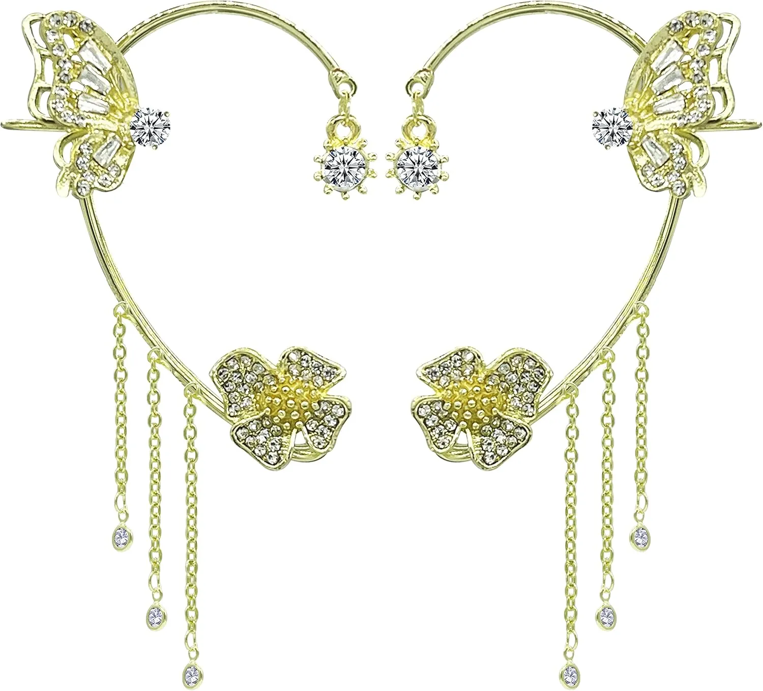 Butterfly Tassel Style Zircon Earrings, Butterfly Flowers Tassel Long Earring, Shiny Zircon No Piercing Butterfly Ear Cuffs Jewelry Gifts for Women