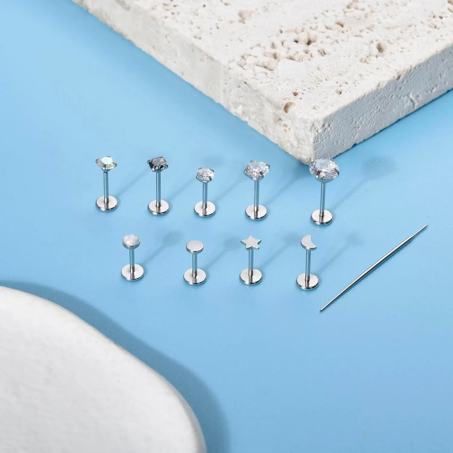CANDYFANCY 10PCS 20g/18g/16g Threadless Stud Earrings for Women Men Cz Opal Moon Star Flat Back Studs Cartilage Earrings for Multiple Piercing-Push In Nose Studs with Taper Piercing 6/7/8mm Length