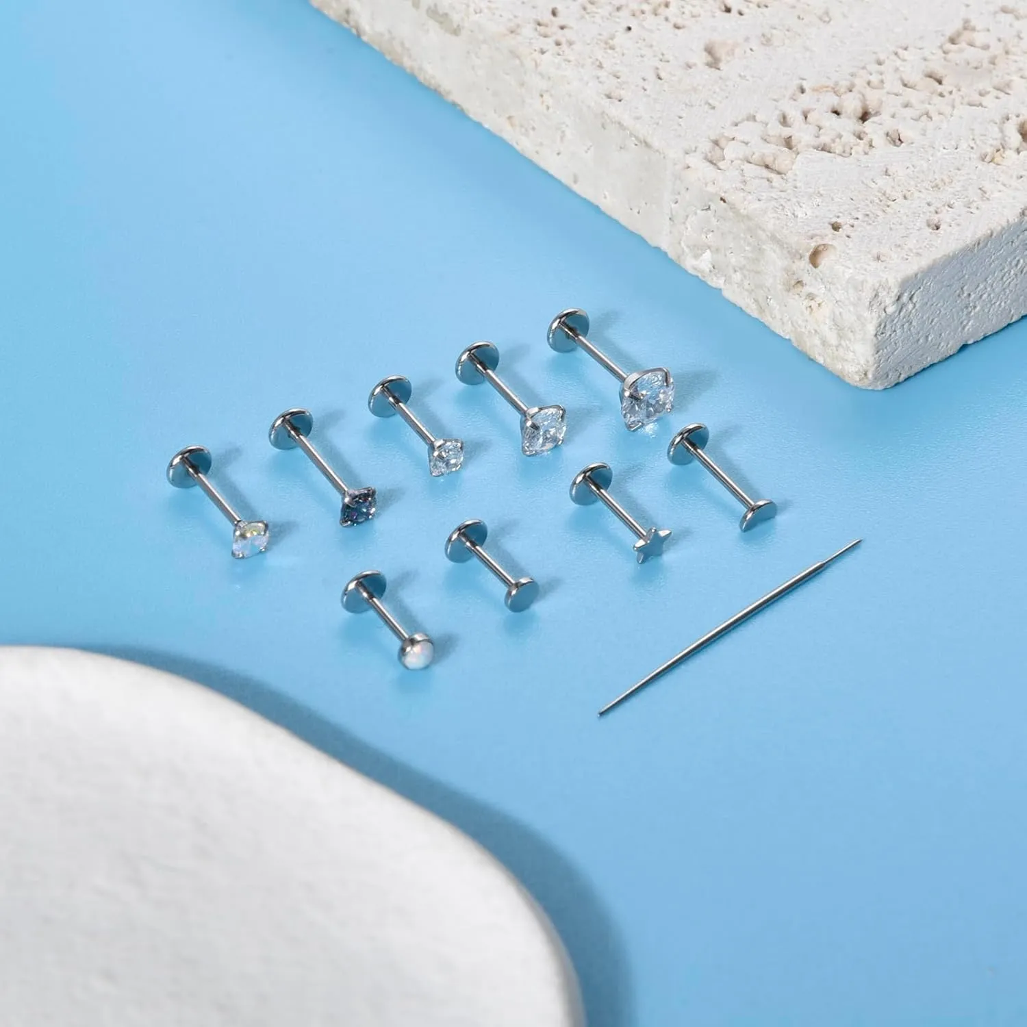 CANDYFANCY 10PCS 20g/18g/16g Threadless Stud Earrings for Women Men Cz Opal Moon Star Flat Back Studs Cartilage Earrings for Multiple Piercing-Push In Nose Studs with Taper Piercing 6/7/8mm Length