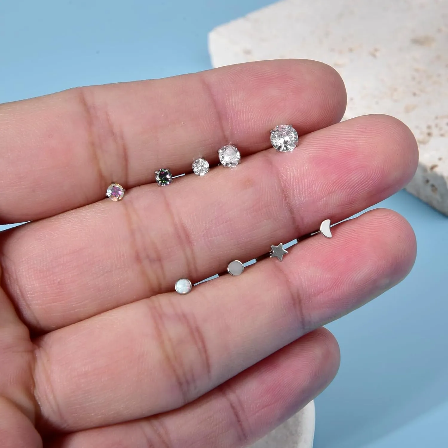 CANDYFANCY 10PCS 20g/18g/16g Threadless Stud Earrings for Women Men Cz Opal Moon Star Flat Back Studs Cartilage Earrings for Multiple Piercing-Push In Nose Studs with Taper Piercing 6/7/8mm Length