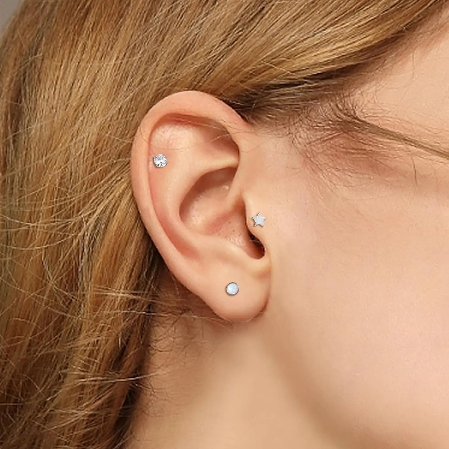 CANDYFANCY 10PCS 20g/18g/16g Threadless Stud Earrings for Women Men Cz Opal Moon Star Flat Back Studs Cartilage Earrings for Multiple Piercing-Push In Nose Studs with Taper Piercing 6/7/8mm Length