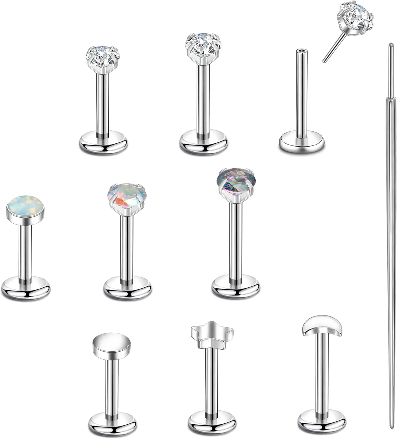 CANDYFANCY 10PCS 20g/18g/16g Threadless Stud Earrings for Women Men Cz Opal Moon Star Flat Back Studs Cartilage Earrings for Multiple Piercing-Push In Nose Studs with Taper Piercing 6/7/8mm Length